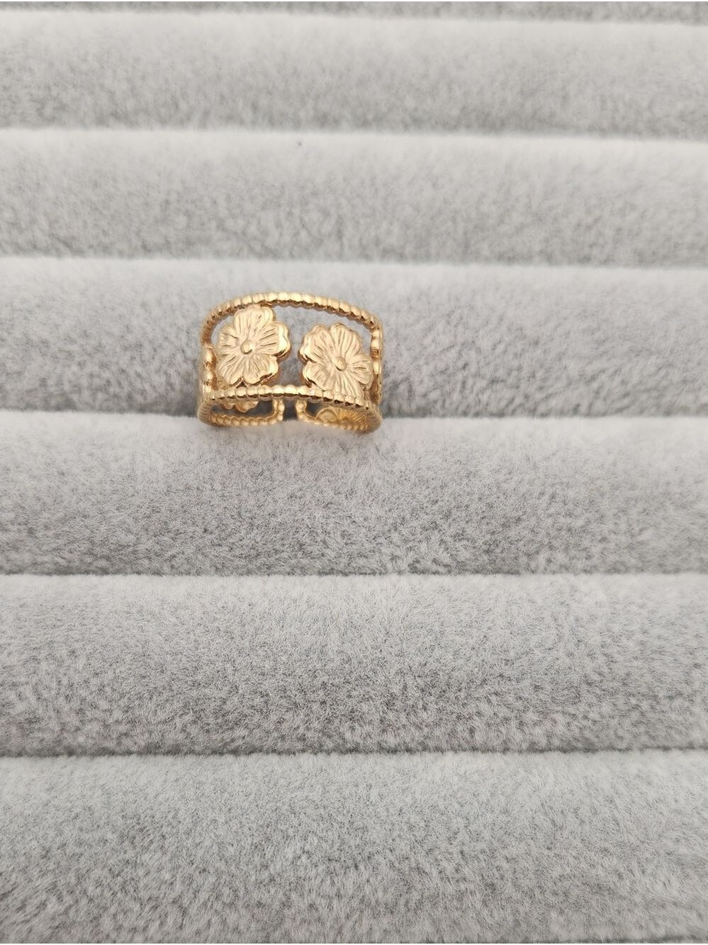 18K Gold Plated Double Flower Adjustable Ring Floral Open Band